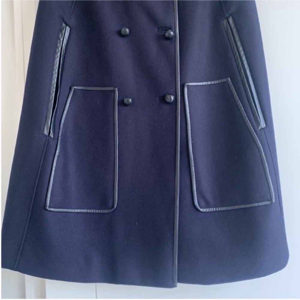J. Crew Collection Navy Blue Wool Double Breasted Leather Trim Cape XS/S - Picture 7 of 12